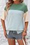 casual plus size slight stretch contrast color loose slit short sleeve t-shirt_Black_White_Pink_Orange_Green_Sky Blue
