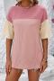casual plus size slight stretch contrast color loose slit short sleeve t-shirt_Black_White_Pink