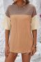 casual plus size slight stretch contrast color loose slit short sleeve t-shirt_Black_White_Pink_Orange