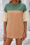 casual plus size slight stretch contrast color loose slit short sleeve t-shirt_Black_White_Pink_Orange_Green