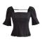 casual non-stretch solid color slim pleated button decor square collar shirt_Black
