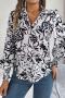 casual non-stretch 3 colors contrast color flower batch printing lapel blouses_White