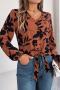 casual non-stretch 3 colors flower batch printing v-neck blouses_White_Blue_Brown