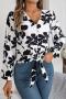 casual non-stretch 3 colors flower batch printing v-neck blouses_White