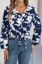 casual non-stretch 3 colors flower batch printing v-neck blouses_White_Blue