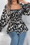 casual non-stretch 3 colors leopard printing square neck blouses_Black
