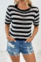 new stylish slight stretch knit contrast color stripes short sleeve sweaters_Black