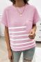 casual slight stretch stripe knitted short sleeve pocket all-match sweater_White_Pink
