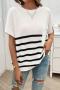 casual slight stretch stripe knitted short sleeve pocket all-match sweater_White