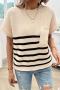 casual slight stretch stripe knitted short sleeve pocket all-match sweater_White_Pink_Beige