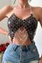 sexy non-stretch sequin stitching hollow chain decor vest_Black