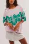 casual non-stretch simple flower print loose short-sleeved t-shirt_Black_Pink_Green