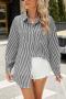 casual plus size non-stretch 3 colors stripe printing lapel pocket blouses_Black