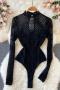 new sexy slight stretch patchwork mesh see through embroidery bodysuit_Black