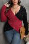 chic plus size slight stretch color-block knitted deep v pearl decor sweater_Gray_Red