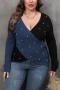 chic plus size slight stretch color-block knitted deep v pearl decor sweater_Gray_Red_Dark Blue