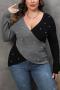 chic plus size slight stretch color-block knitted deep v pearl decor sweater_Gray