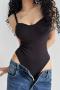 sexy slight stretch 4 colors solid color padded bodysuit(size run small)_Black