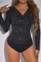 new stylish slight stretch solid color dots long sleeve v-neck bodysuit_Black