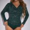 new stylish slight stretch solid color dots long sleeve v-neck bodysuit_Black_Magenta_Dark Green