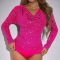 new stylish slight stretch solid color dots long sleeve v-neck bodysuit_Black_Magenta