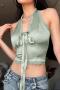 sexy non-stretch halter neck backless tight lace edge crop vest_White_Green