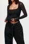 new sexy high stretch patchwork mesh solid color see through square neck long-sleeve tops_Black