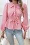 casual non-stretch 5 colors lattice pattern lace-up blouses_Black_Pink_Light Pink