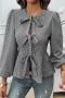 casual non-stretch 5 colors lattice pattern lace-up blouses_Black