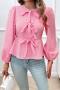 casual non-stretch 5 colors lattice pattern lace-up blouses_Black_Pink