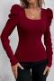 new stylish slight stretch patchwork 4-color square neck long sleeve knit wear_Black_Rose Red