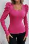 new stylish slight stretch patchwork 4-color square neck long sleeve knit wear_Black_Rose Red_Magenta