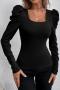 new stylish slight stretch patchwork 4-color square neck long sleeve knit wear_Black