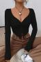new slight stretch patchwork solid color v-neck twisted long-sleeve knit wear_Black