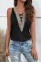 new stylish slight stretch patchwork solid color v-neck sleeveless loose tops_Black