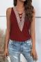new stylish slight stretch patchwork solid color v-neck sleeveless loose tops_Black_Rose Red
