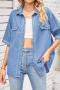 casual non-stretch solid color loose single-breasted short-sleeved denim shirt_Sky Blue
