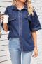 casual non-stretch solid color loose single-breasted short-sleeved denim shirt_Sky Blue_Dark Blue
