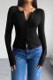 sexy slight stretch crew neck button 4 colors solid color top_Black