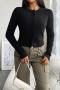 casual slight stretch ribbed knit crew neck button solid color sweaters_Black
