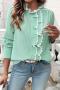 casual non-stretch lace trim button stripe printing blouses_Black_Green