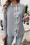 casual non-stretch lace trim button stripe printing blouses_Black