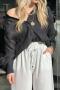 casual plus size non-stretch solid color loose long-sleeved shirt_Black
