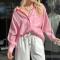 casual plus size non-stretch solid color loose long-sleeved shirt_Black_White_Pink