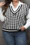 casual plus size slight stretch ribbed knit houndstooth pattern vest_Black_White