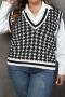 casual plus size slight stretch ribbed knit houndstooth pattern vest_Black