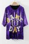 summer slight stretch casual rugby pattern sequin decor letter loose t-shirt_Black_Purple