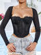 sexy slight stretch mesh lace tight crop top with rubber bone new add color_Black