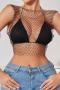 sexy non-stretch fishnet hollow rhinestone crop top_Black