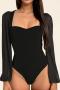 sexy high stretch mesh stitching square-neck long sleeve bodysuit_Black